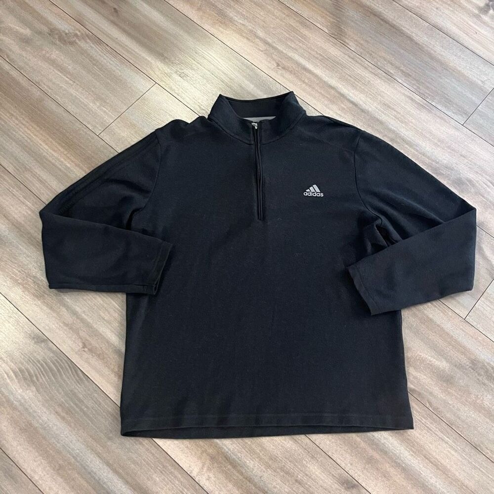 Adidas Mens Large Black 1/4 Zip Pullover Sweatshirt Performance Logo Long Sleeve